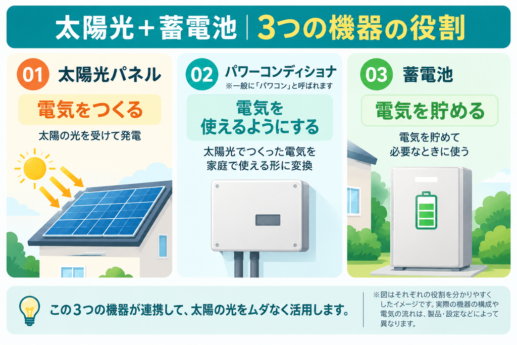 太陽光パネル・パワーコンディショナ・蓄電池の役割