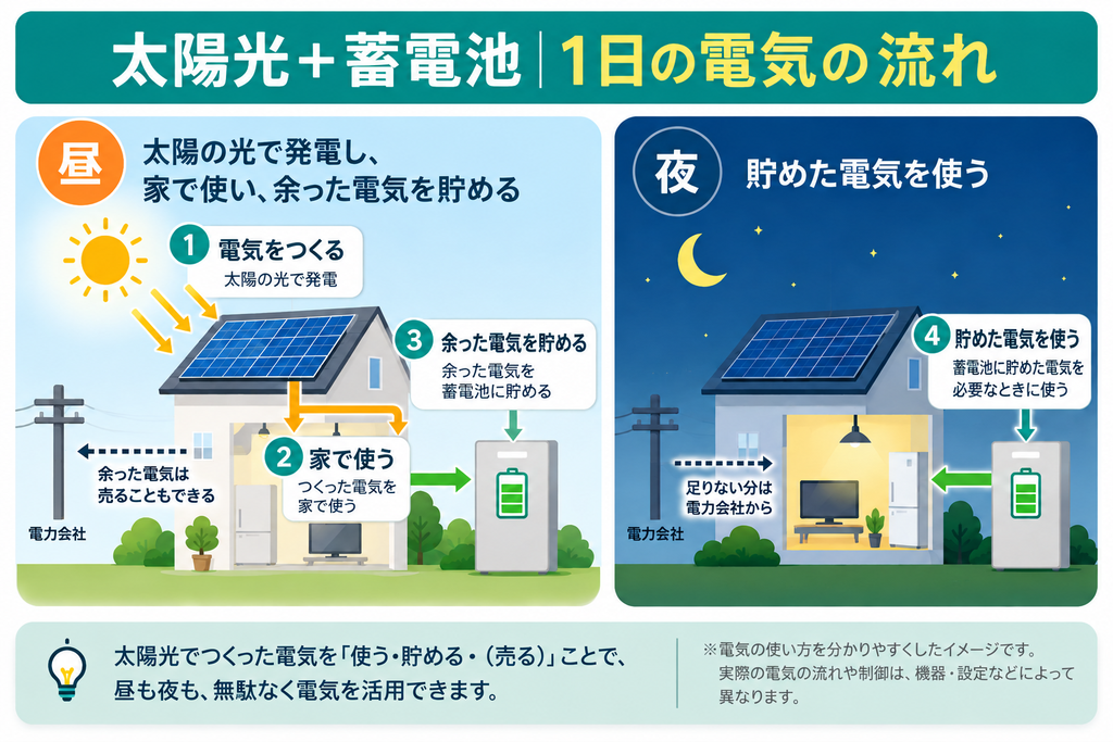 太陽光発電と蓄電池による1日の電気の流れ