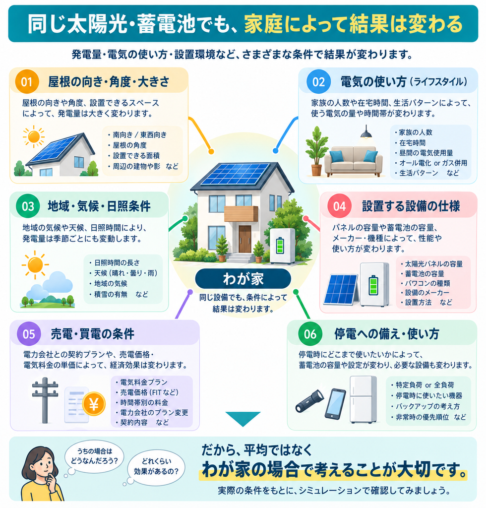 家庭ごとに太陽光発電と蓄電池の結果が変わる条件